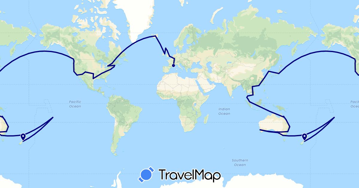 TravelMap itinerary: driving in Australia, Canada, China, France, United Kingdom, Ireland, Iceland, Japan, South Korea, Luxembourg, Malaysia, New Zealand, Singapore, Thailand, United States, Vietnam (Asia, Europe, North America, Oceania)